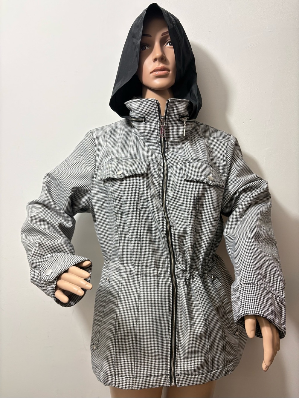 Vince Camuto Black Hooded Micro-Check Utility Jacket